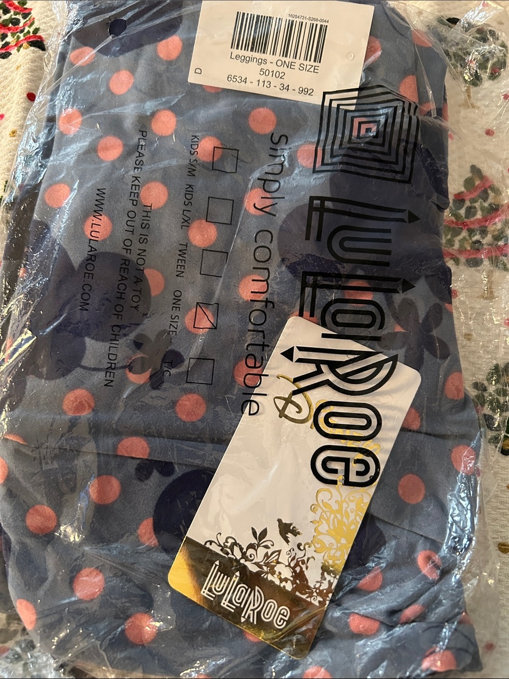 LuLaRoe Disney Navy Leggings with Coral Polka Dots One Size OS